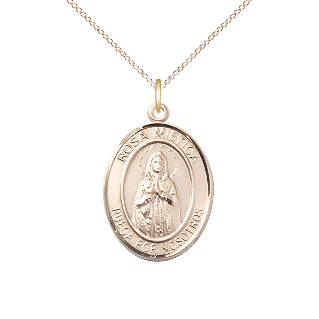 Medium Spanish Rosa Mystica 14kt Gold-filled Oval Medal Pendant with Gold-filled Chain, Deluxe Gift Box.