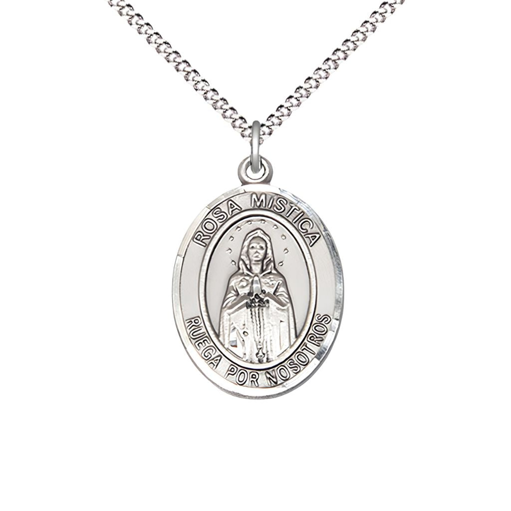 Medium Spanish Rosa Mystica Sterling Silver Oval Medal Pendant with Rhodium-plated Chain, Deluxe Gift Box.
