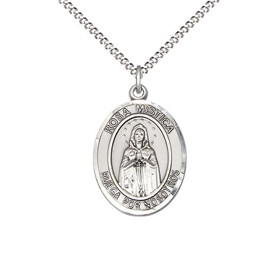 Medium Spanish Rosa Mystica Sterling Silver Oval Medal Pendant with Rhodium-plated Chain, Deluxe Gift Box.