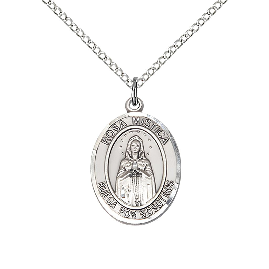 Medium Spanish Rosa Mystica Sterling Silver Oval Medal Pendant with Sterling Silver Chain, Deluxe Gift Box.