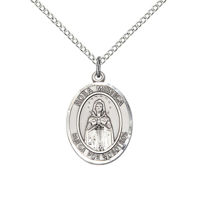 Medium Spanish Rosa Mystica Sterling Silver Oval Medal Pendant with Sterling Silver Chain, Deluxe Gift Box.