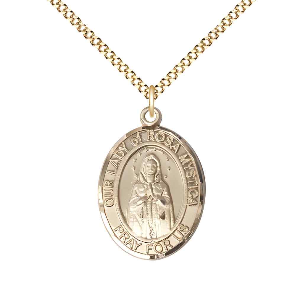 Medium Our Lady of Rosa Mystica 14kt Gold-filled Oval Medal Pendant with Gold-plated Chain, Deluxe Gift Box.