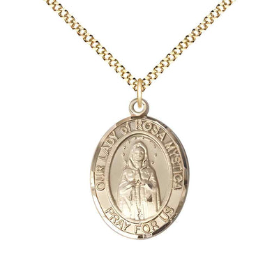 Medium Our Lady of Rosa Mystica 14kt Gold-filled Oval Medal Pendant with Gold-plated Chain, Deluxe Gift Box.