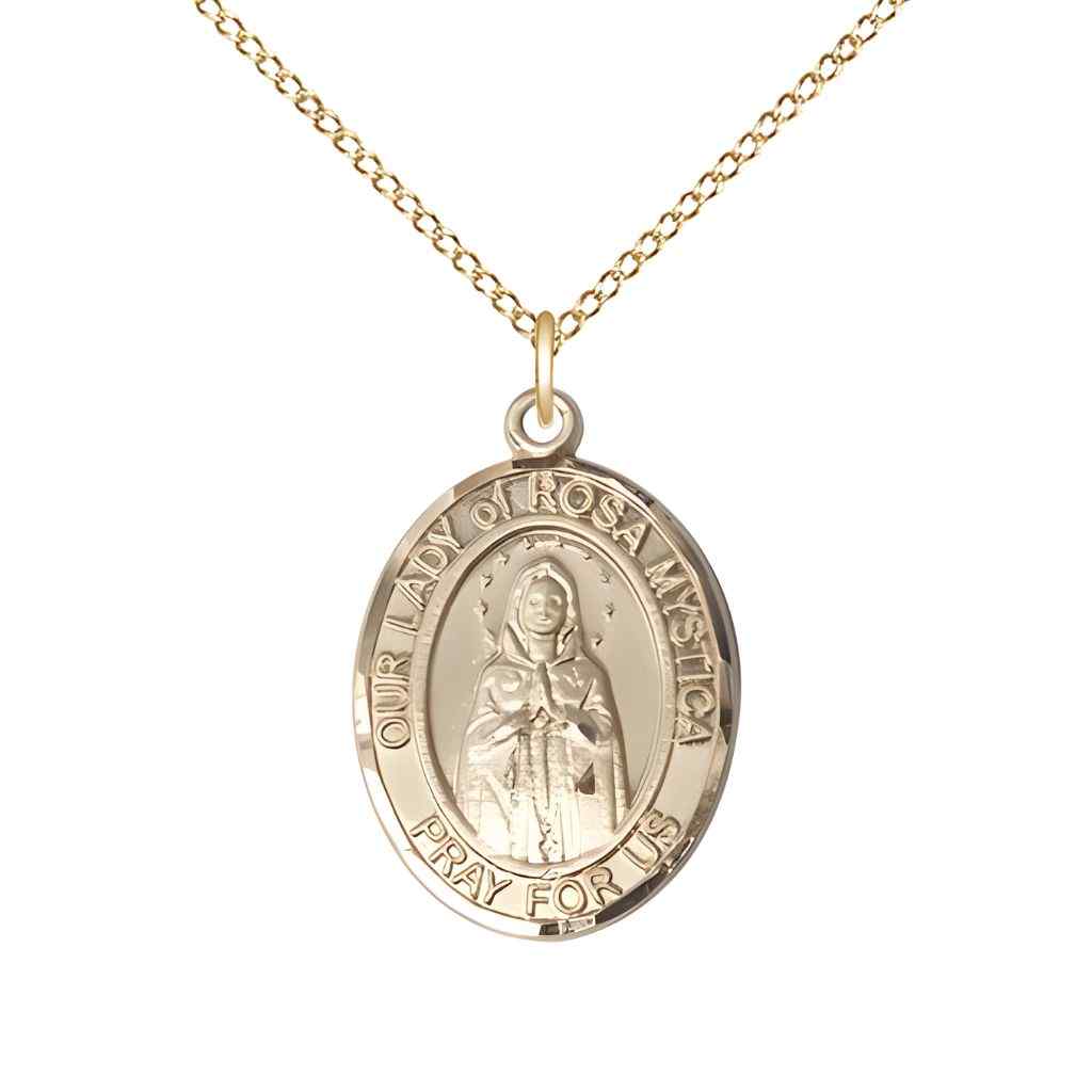 Medium Our Lady of Rosa Mystica 14kt Gold-filled Oval Medal Pendant with Gold-filled Chain, Deluxe Gift Box.