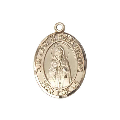 Medium Our Lady of Rosa Mystica 14kt Gold Oval Medal Pendant, Deluxe Gift Box.