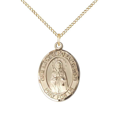 Medium Our Lady of Rosa Mystica 14kt Gold Oval Medal Pendant with 14kt Gold Chain, Deluxe Gift Box.