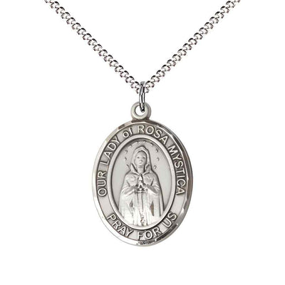Medium Our Lady of Rosa Mystica Sterling Silver Oval Medal Pendant with Rhodium-plated Chain, Deluxe Gift Box.