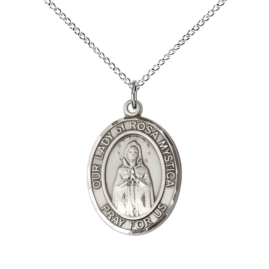 Medium Our Lady of Rosa Mystica Sterling Silver Oval Medal Pendant with Sterling Silver Chain, Deluxe Gift Box.