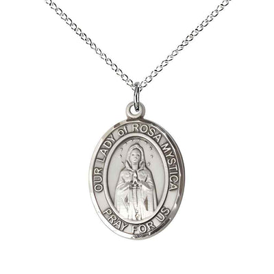 Medium Our Lady of Rosa Mystica Sterling Silver Oval Medal Pendant with Sterling Silver Chain, Deluxe Gift Box.