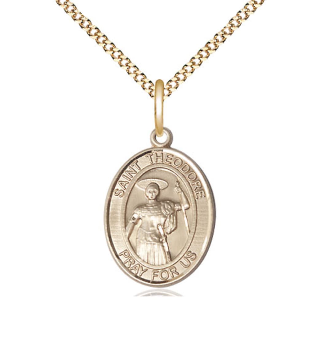 Bliss 14kt Gold Filled St Theodore Stratelates Pendant on a 18 inch Gold Plate Light Curb Chain,