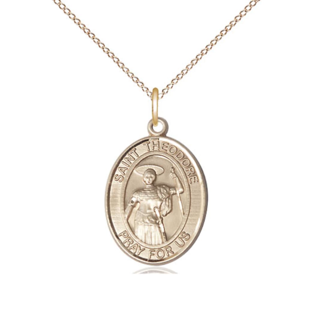 Bliss St Theodore Stratelates 14kt Gold Oval Engravable Medium Medal with Chain,