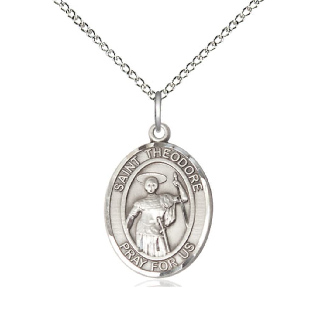 Bliss Sterling Silver St Theodore Stratelates Pendant on a 18 inch Sterling Silver Light Curb Chain,