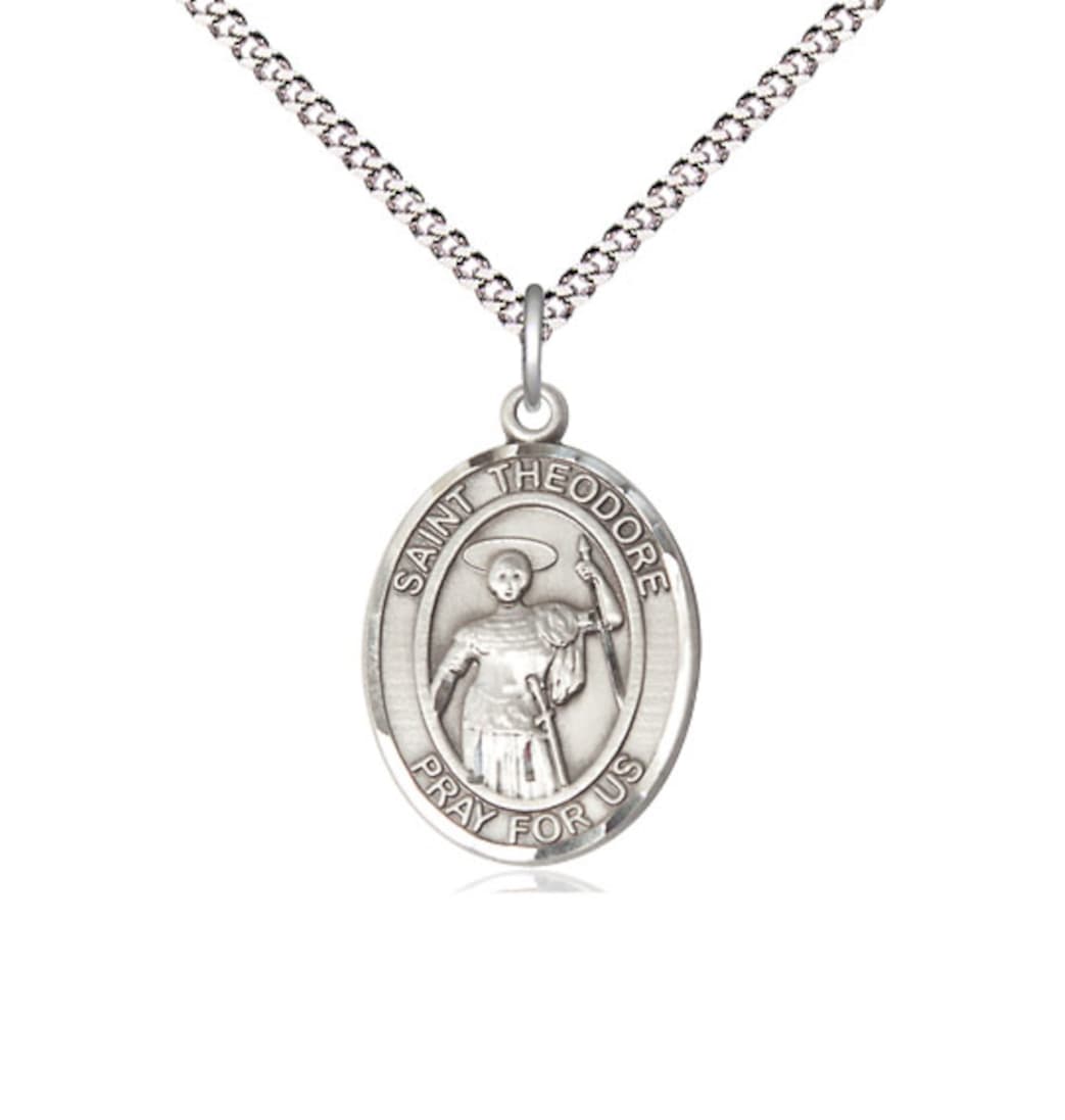 Bliss Sterling Silver St Theodore Stratelates Pendant on a 18 inch Light Rhodium Light Curb Chain,