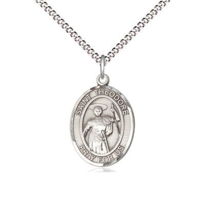 Sterling Silver St Theodore Stratelates Pendant on a 18 inch Light Rhodium Light Curb Chain, Bliss Manufacturing