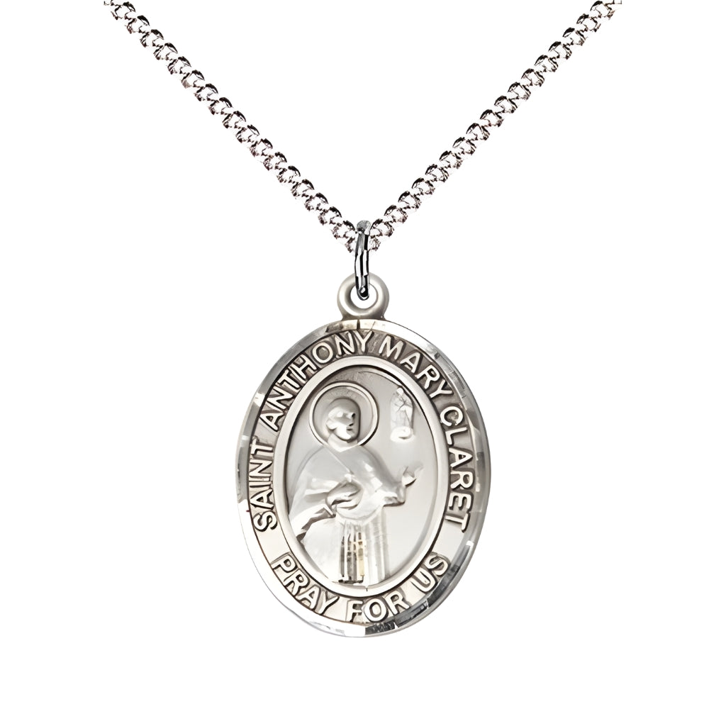 Medium Saint Anthony Mary Claret Pewter Oval Medal Pendant with Rhodium-plated Light Curb Chain with Deluxe Gift Box | Bliss Manufacturing