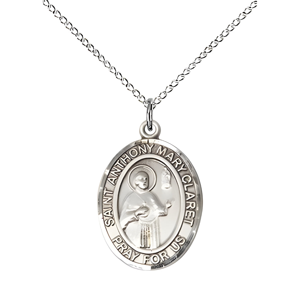Medium Saint Anthony Mary Claret Sterling Silver Oval Medal Pendant with Sterling Silver Curb Chain with Deluxe Gift Box | Bliss Manufacturing