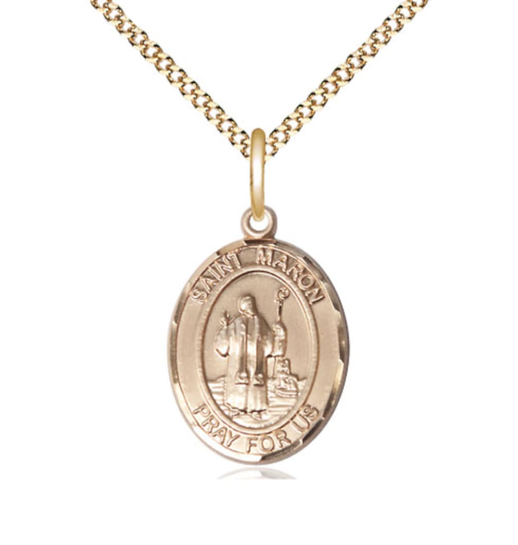 Bliss Medium 14kt Gold Filled St Maron Pendant on a 18 inch Gold Plate Light Curb Chain,