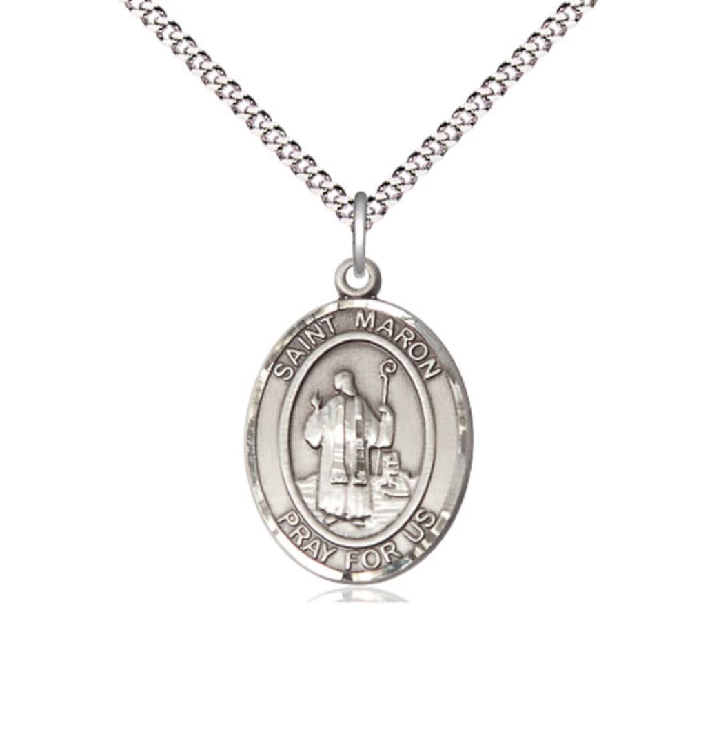 Bliss Medium Sterling Silver St Maron Pendant on a 18 inch Light Rhodium Light Curb Chain,