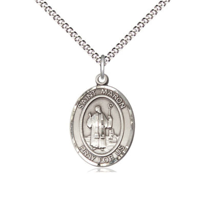 Medium Sterling Silver St Maron Pendant on a 18 inch Light Rhodium Light Curb Chain, Bliss Manufacturing