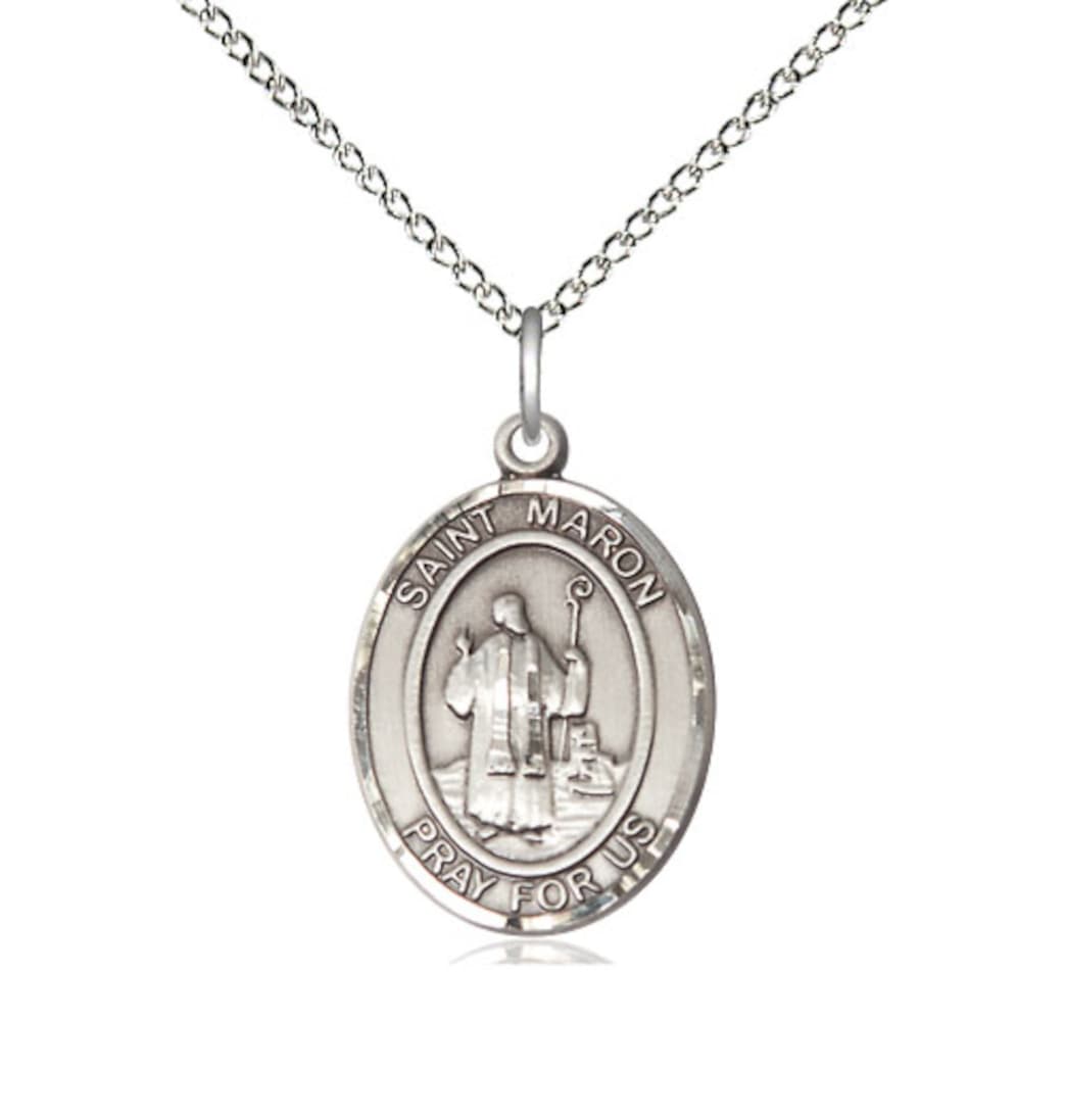 Bliss Medium Sterling Silver St Maron Pendant on a 24 inch Sterling Silver Heavy Curb Chain