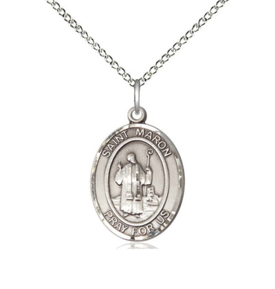 Medium Sterling Silver St Maron Pendant on a 24 inch Sterling Silver Heavy Curb Chain, Bliss Manufacturing