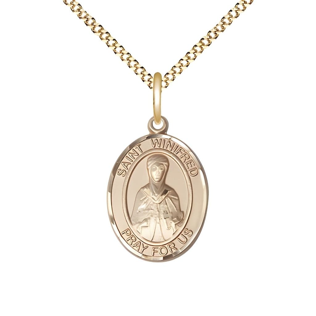 Bliss St. Winifred of Wales 14kt Gold-filled Oval Medal Pendant with Gold-plated Chain, Measures 3/4-inch tall by 1/2-inch wide.