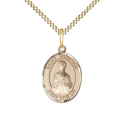 St. Winifred of Wales 14kt Gold-filled Oval Medal Pendant with Gold-plated Chain, Measures 3/4-inch tall by 1/2-inch wide, Bliss Manufacturing