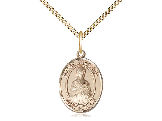 Medium Bliss 14kt Gold Filled St Winifred of Wales Pendant on a 18 inch Gold Plate Light Curb Chain,