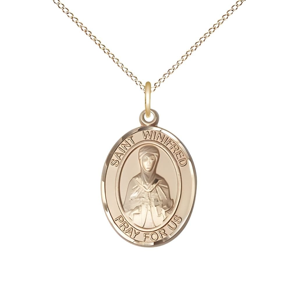 Bliss St. Winifred of Wales 14kt Gold Oval Medal Pendant with 14kt Gold Chain, Measures 3/4-inch tall by 1/2-inch wide.