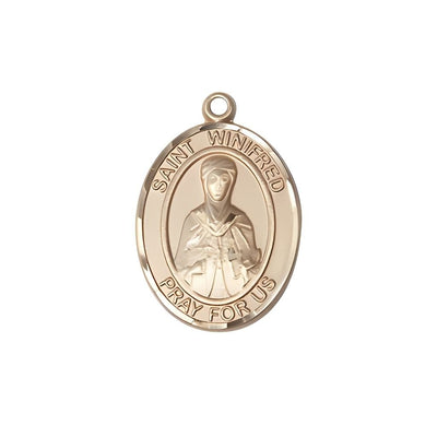 St. Winifred of Wales 14kt Gold Oval Medal Pendant, Measures 3/4-inch tall by 1/2-inch wide, Bliss Manufacturing