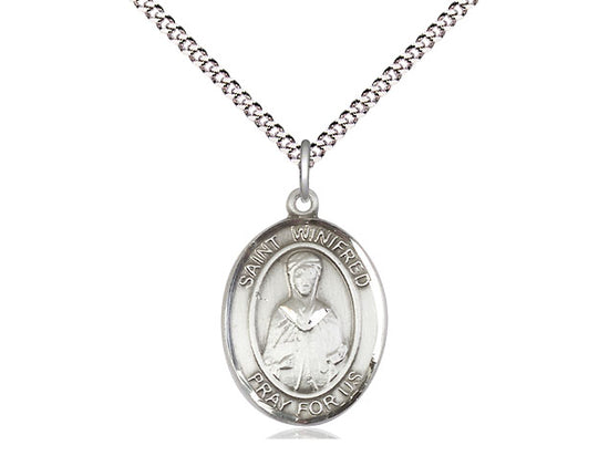 Medium Bliss Pewter St Winifred of Wales Pendant on a 18 inch Light Rhodium Light Curb Chain,