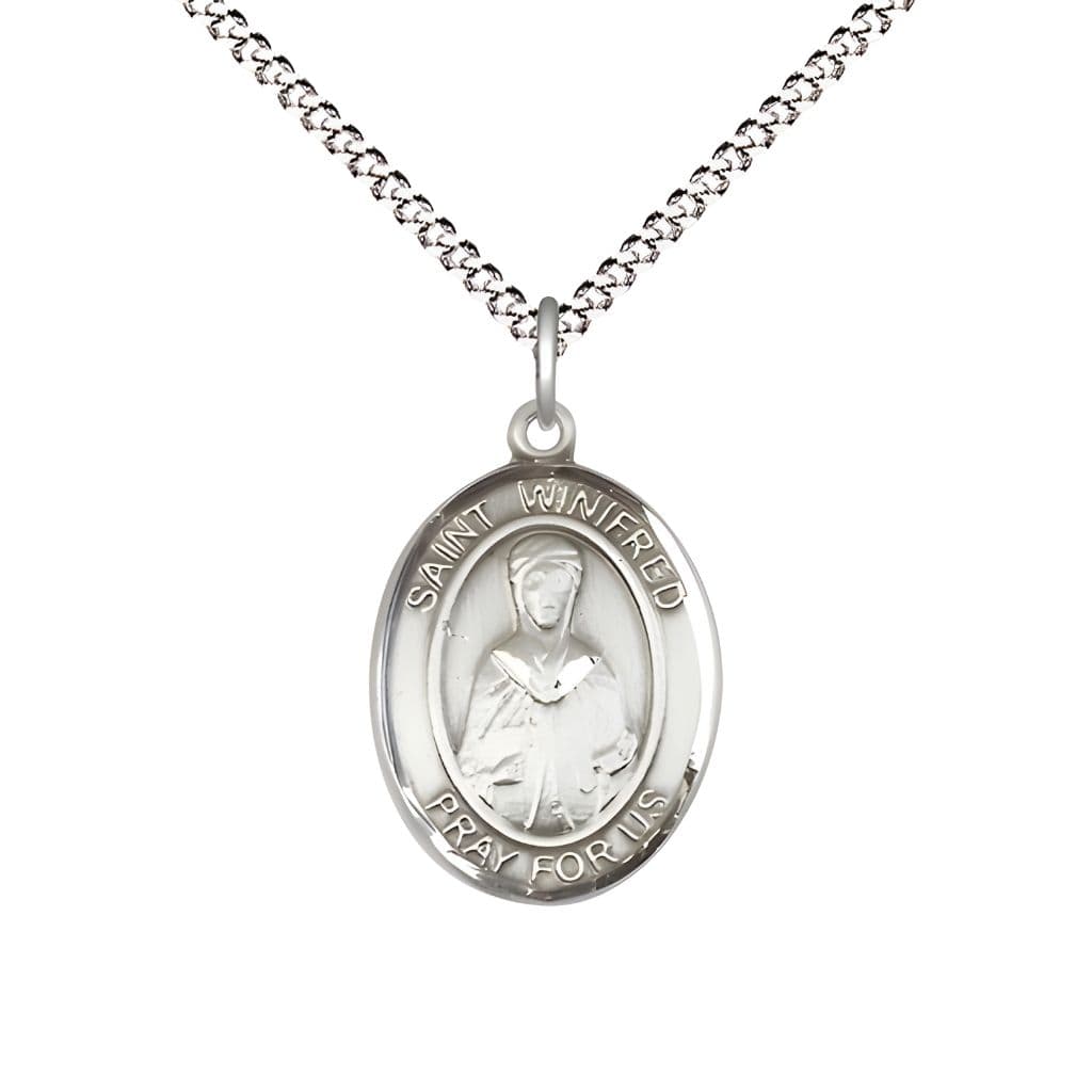 Bliss St. Winifred of Wales Sterling Silver Oval Medal Pendant with Rhodium-plated Chain, Measures 3/4-inch tall by 1/2-inch wide.