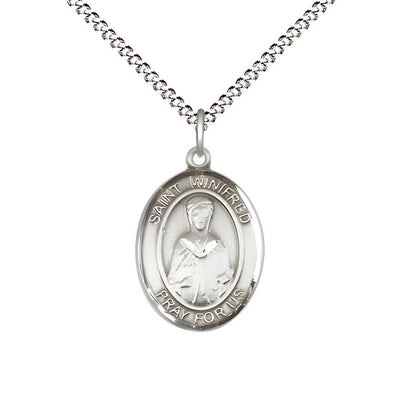 St. Winifred of Wales Sterling Silver Oval Medal Pendant with Rhodium-plated Chain, Measures 3/4-inch tall by 1/2-inch wide, Bliss Manufacturing