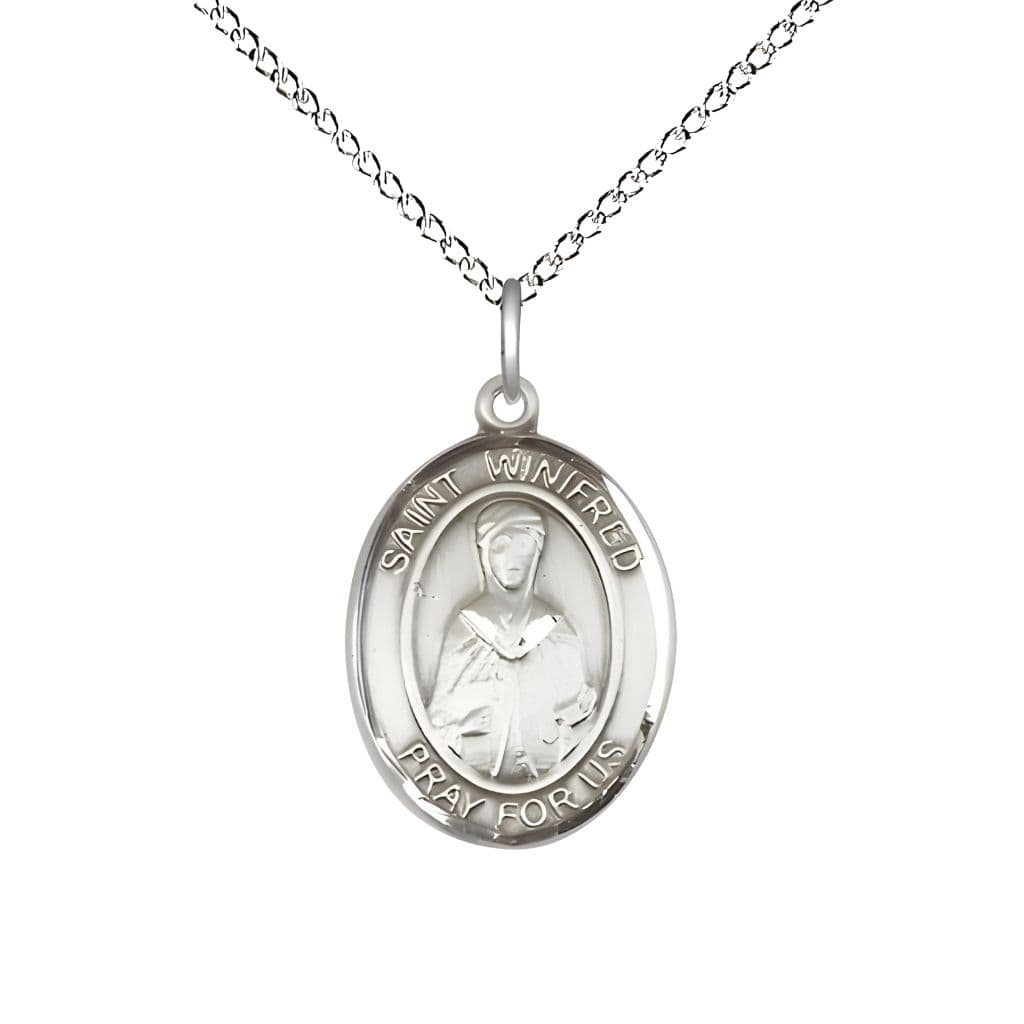 Bliss St. Winifred of Wales Sterling Silver Oval Medal Pendant with Sterling Chain, Measures 3/4-inch tall by 1/2-inch wide.