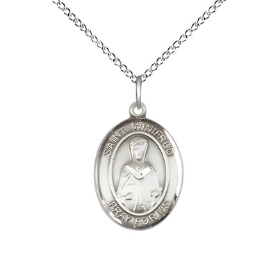 St. Winifred of Wales Sterling Silver Oval Medal Pendant with Sterling Chain, Measures 3/4-inch tall by 1/2-inch wide, Bliss Manufacturing