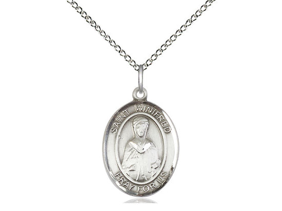 Medium Bliss Sterling Silver St Winifred of Wales Pendant on a 18 inch Sterling Silver Light Curb Chain,