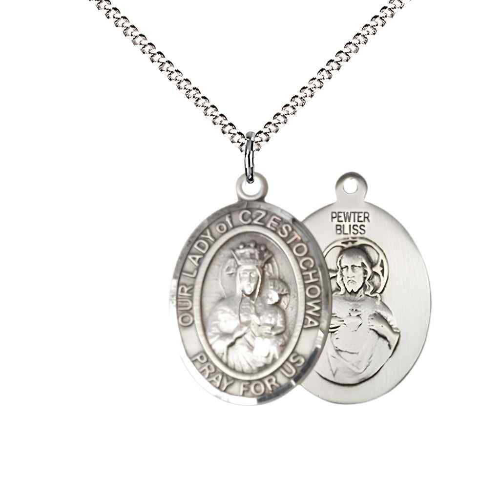 Medium Our Lady of Czestochowa Pewter Oval Medal Pendant with Rhodium-plated Chain, Deluxe Gift Box, Front and Back View