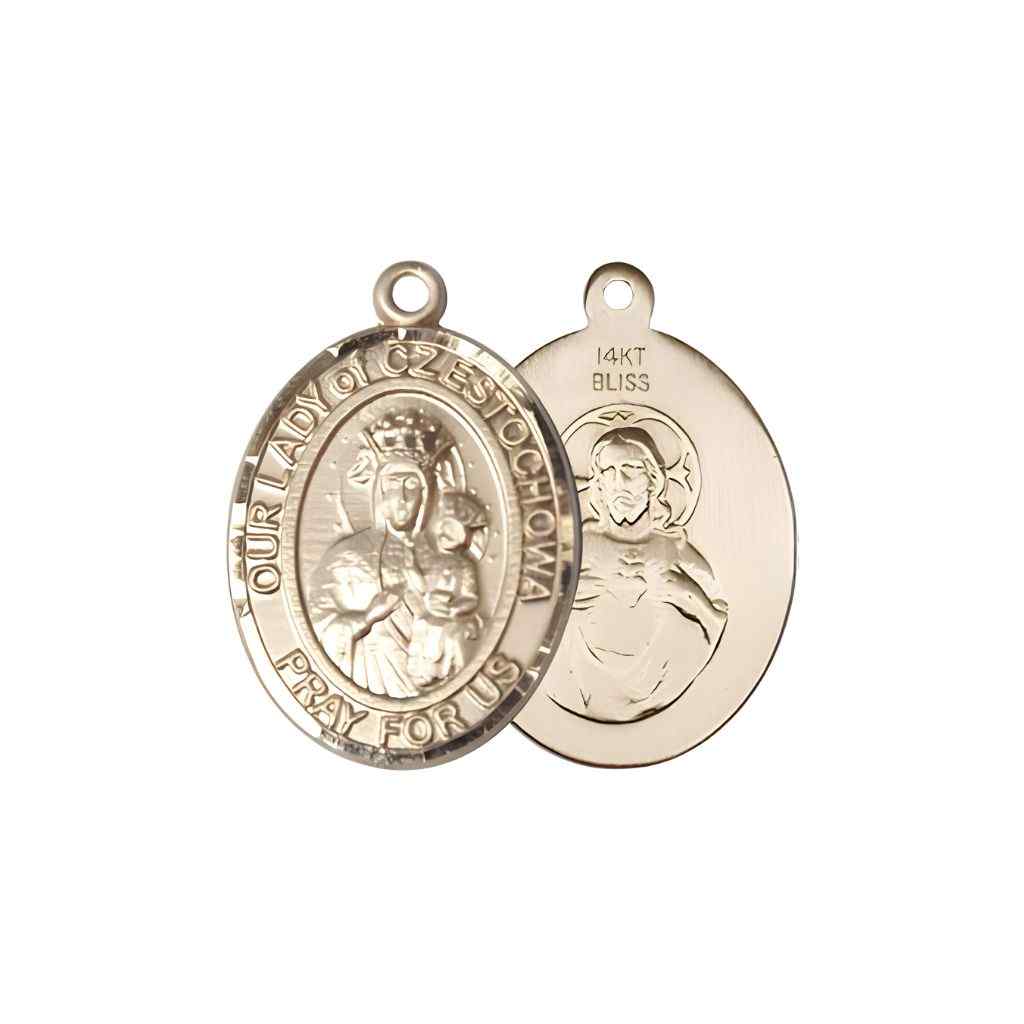 Medium Our Lady of Czestochowa with the Sacred Heart of Jesus on back 14kt Gold Oval Medal Pendant, Deluxe Gift Box