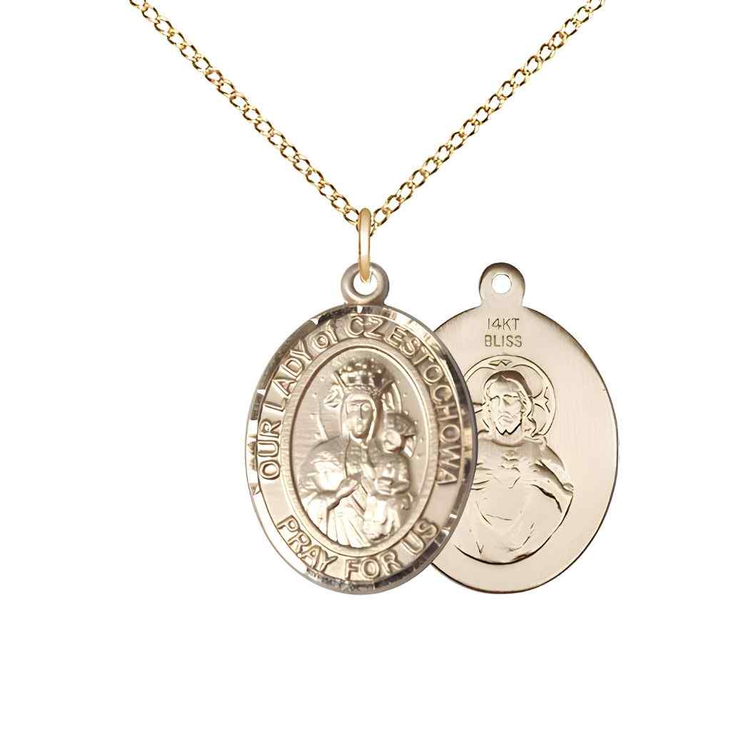 Medium Our Lady of Czestochowa with the Sacred Heart of Jesus on back 14kt Gold Oval Medal Pendant with 14kt Gold Chain, Deluxe Gift Box
