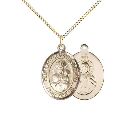 Medium Our Lady of Czestochowa with the Sacred Heart of Jesus on back 14kt Gold Oval Medal Pendant with 14kt Gold Chain, Deluxe Gift Box