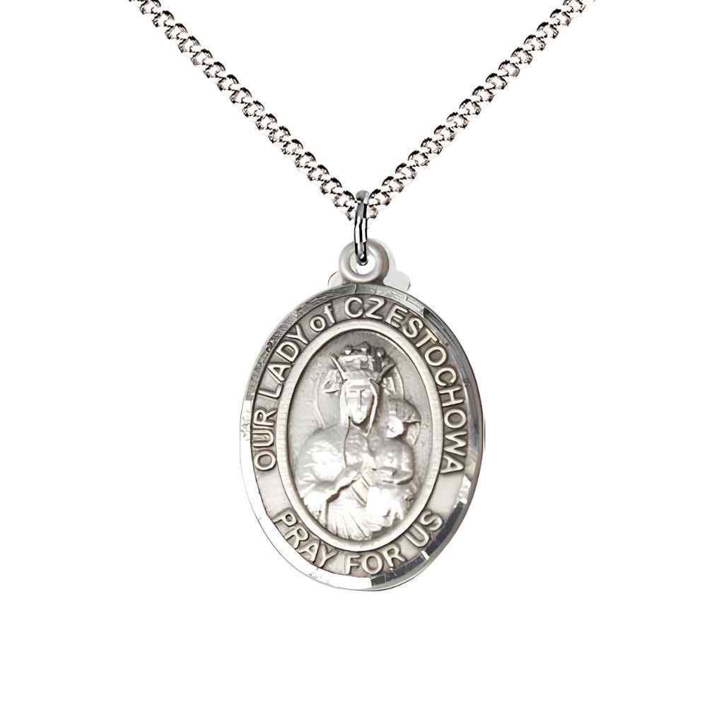 Medium Our Lady of Czestochowa with the Sacred Heart of Jesus on back Sterling Silver Oval Medal Pendant with Rhodium-plated Chain, Deluxe Gift Box