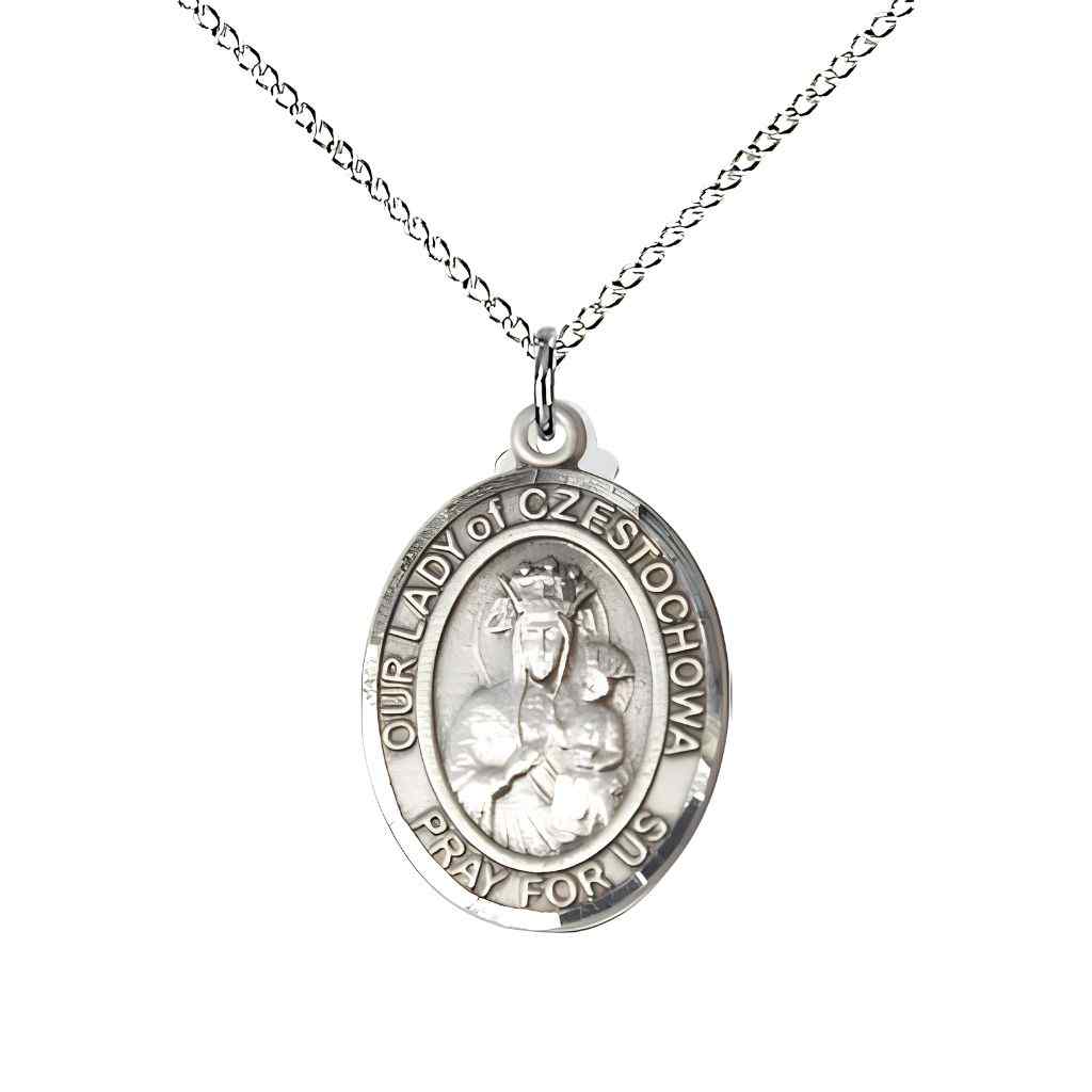 Medium Our Lady of Czestochowa with the Sacred Heart of Jesus on back Sterling Silver Oval Medal Pendant with Sterling Silver Chain, Deluxe Gift Box