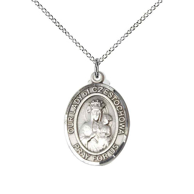 Medium Our Lady of Czestochowa with the Sacred Heart of Jesus on back Sterling Silver Oval Medal Pendant with Sterling Silver Chain, Deluxe Gift Box