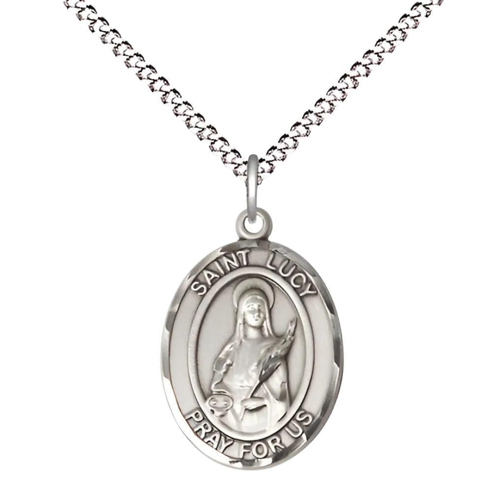 Bliss St. Lucy Sterling Silver Oval Engravable Medal Necklace, 3/4-inch, Made in USA,