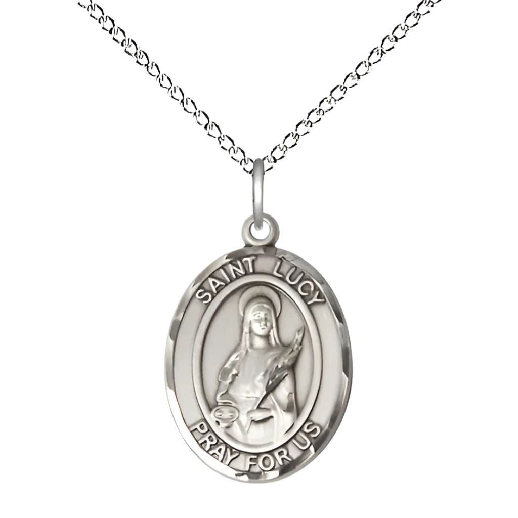 Bliss St. Lucy Sterling Silver Oval Engravable Medal Necklace with Sterling Silver, 3/4-inch, Made in USA,