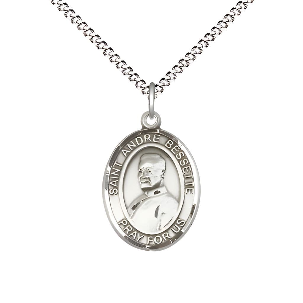 Bliss St. Andre Bessette Pewter Oval Medal Pendant with Rhodium-plated Chain, Measures 3/4-inch tall by 1/2-inch wide.