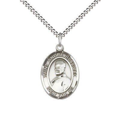 St. Andre Bessette Sterling Silver Oval Medal Pendant with Rhodium-plated Chain, Measures 3/4-inch tall by 1/2-inch wide, Bliss Manufacturing