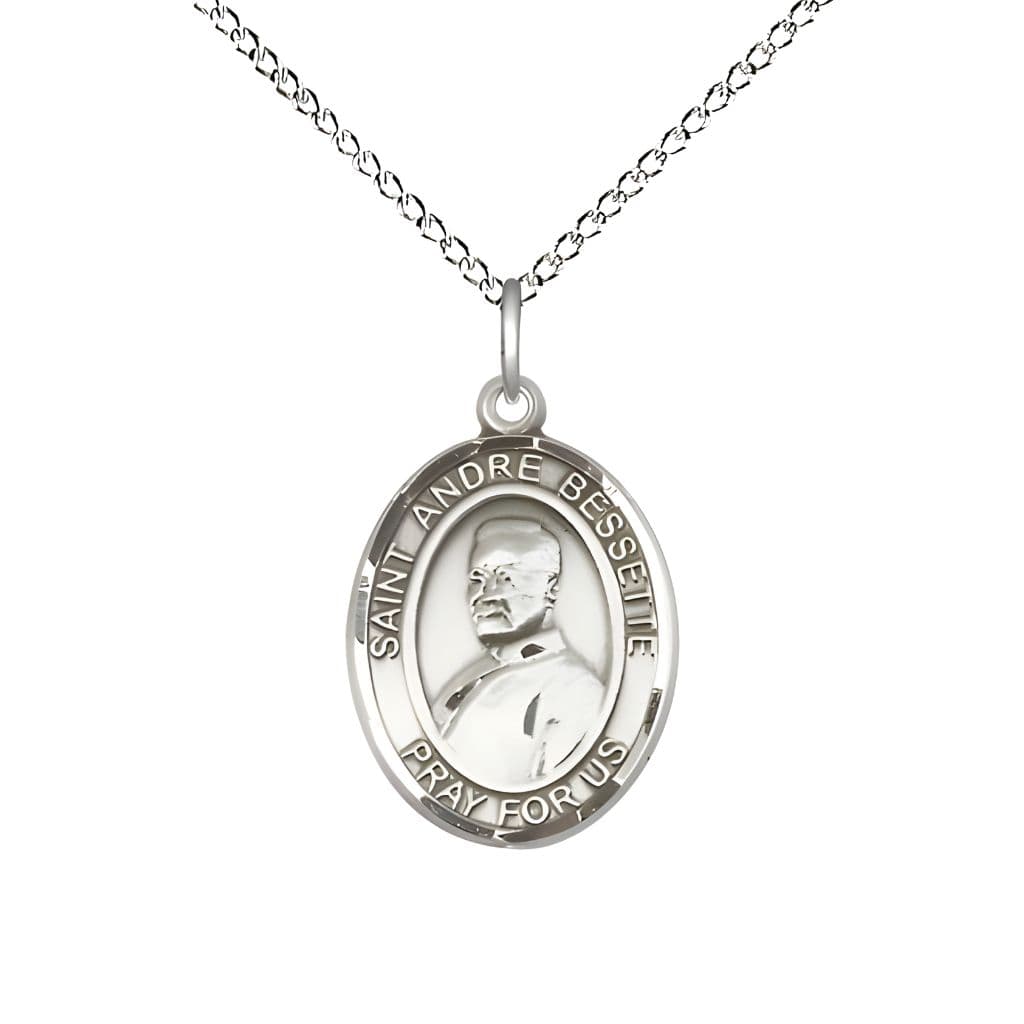 Bliss St. Andre Bessette Sterling Silver Oval Medal Pendant with Sterling Chain, Measures 3/4-inch tall by 1/2-inch wide.