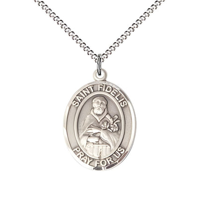 St. Fidelis of Sigmaringen Pewter Oval Medal Pendant with Rhodium-plated Chain, Measures 3/4-inch tall by 1/2-inch wide. Deluxe Gift Box, Bliss Manufacturing