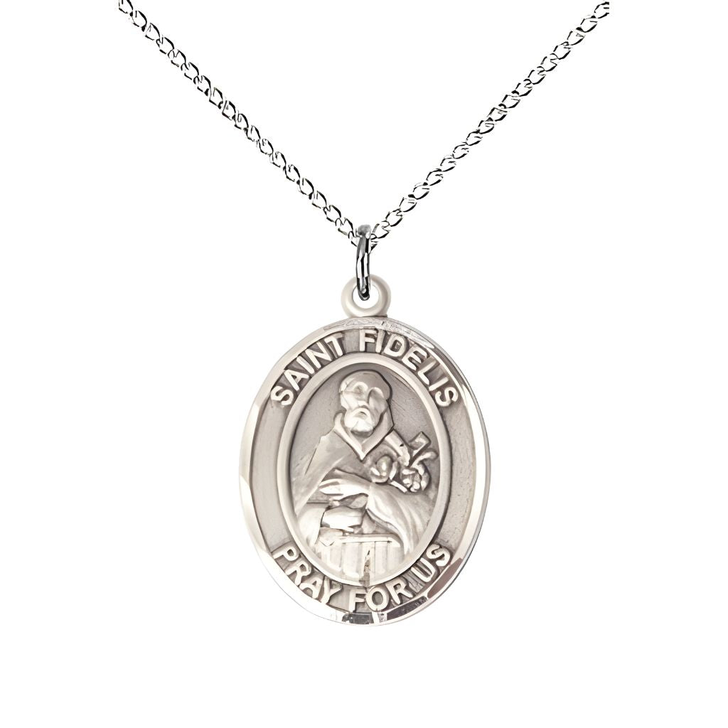 Bliss St. Fidelis of Sigmaringen Sterling Silver Oval Medal Pendant with Sterling Silver Chain, Measures 3/4-inch tall by 1/2-inch wide. Deluxe Gift Box.